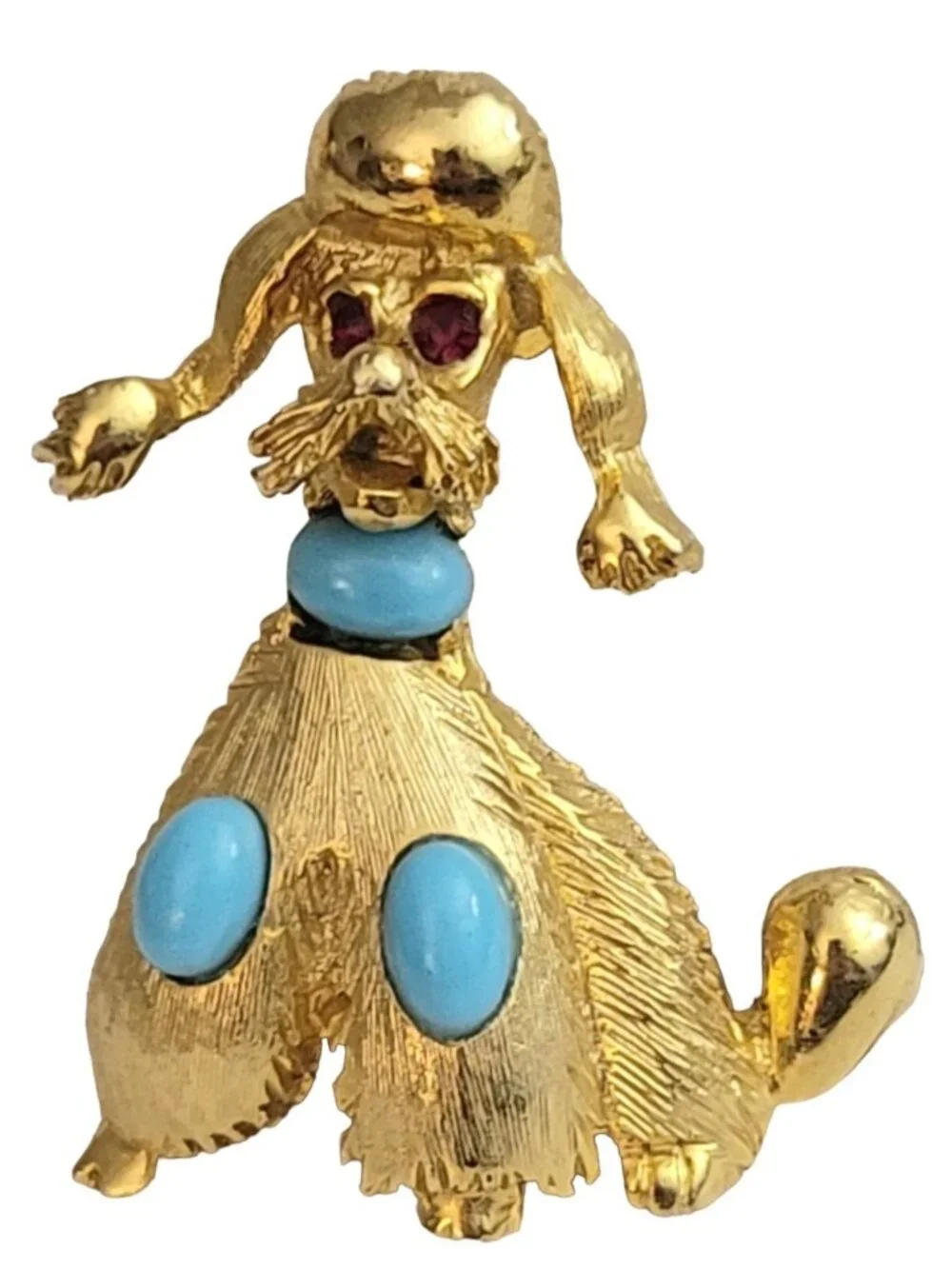 PELL Gold Tone Blue Oval Cabochon Poodle Dog Brooch Pin, Signed M419